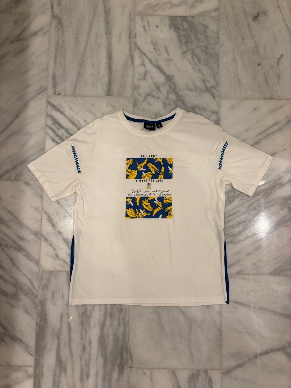 Only White Short-Sleeve Tee with Blue & Yellow Graphic Panels